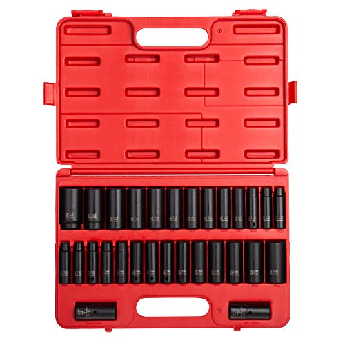 Sunex 5153DD, 1/2 Inch Drive Master Impact Socket Set, Double Deep, 29-Piece, SAE/Metric, 7/16" - 1-1/4", 10mm-27mm, Cr-Mo Steel, Radius Corner Design, Dual Size Markings, Heavy Duty Storage Case