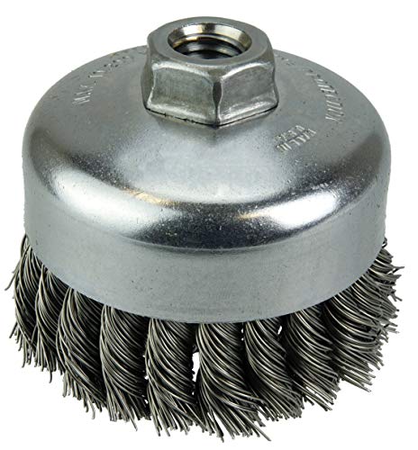 Weiler Brosse métallique, trou fileté, acier, torsion partielle nouée, rangée unique, diamètre 4", diamètre du fil 0,014", arbre 5/8"-11, longueur des poils 1-1/4", 9000 tr/min (lot de 1)