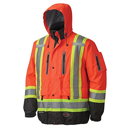 Pioneer V1130150-L Premium Hi-Viz Waterproof Safety Jacket, Cell Phone Pocket, Orange, Large - Clothing - Proindustrialequipment