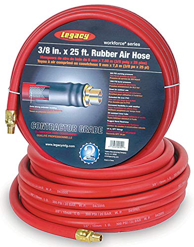 Workforce Series Rubber Air Hose 3/8 Inch MNPT Ends, Bend Restrictors 1/2 Inch ID x 50 Ft