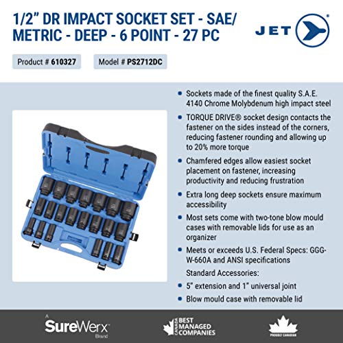 Jet 1/2-inch Drive, 27-Piece Deep SAE/Metric Professional Impact Socket Set, 6 Point, 610327 - Sockets and Tools Set - Proindustrialequipment