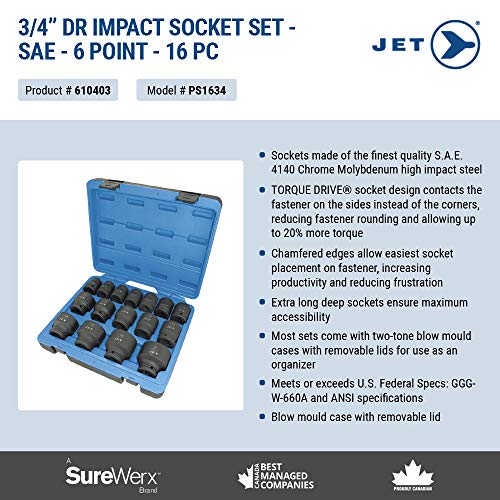 Jet 3/4-inch Drive, 16-Piece Regular SAE Professional Impact Socket Set, 6 Point, 610403 - Sockets and Tools Set - Proindustrialequipment