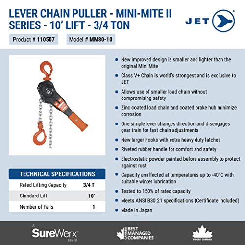 Jet 110507-3/4 Ton 10-Feet Lift Mini-Mite Ii Lever Chain Hoist-Super Heavy Duty - Manual Hoist - Proindustrialequipment