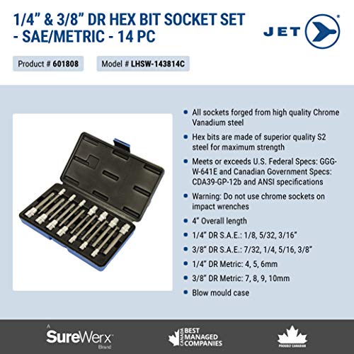 Jet 601808 LHSW-143814C 3/8 Drive SAE Metric 4 Long Hex Bit Socket Set  14-Piece