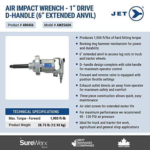 JET 400456 - 1-inch Drive D-Handle Impact Air Wrench (6-inch Extended Anvil) - Wrenches - Proindustrialequipment