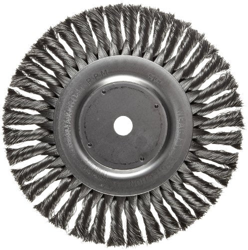 Weiler Dualife Brosse métallique standard, trou rond, acier, torsion partielle nouée, diamètre 8", diamètre du fil 0,014", arbre 5/8", longueur des poils 1-5/8", largeur de la face de la brosse 5/8", 6000 tr/min